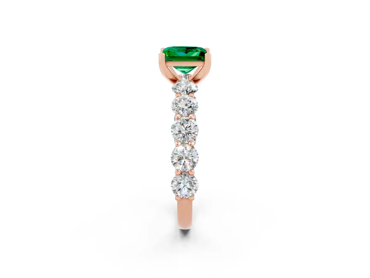 Princess Cut Emerald Prong Setting with Side Stones on a Pave Band Rose gold
