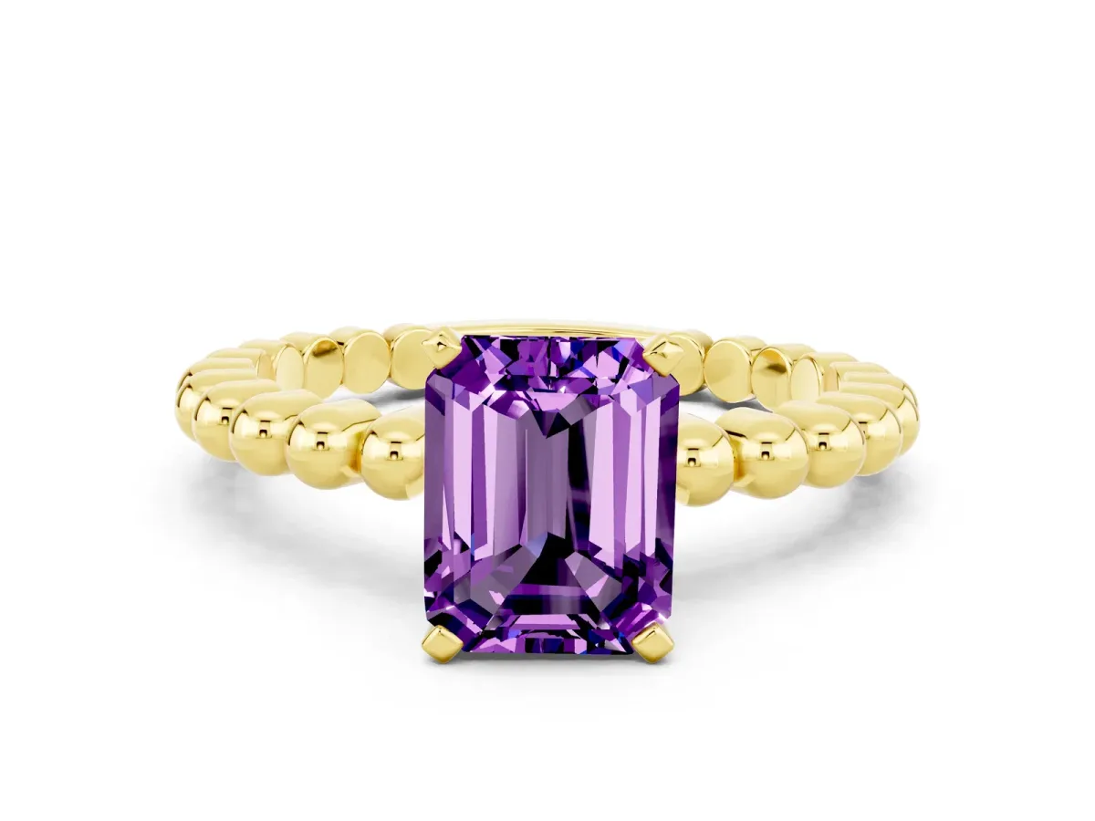 Emerald Cut Amethyst Solitaire Ring with Beaded Band and Prong Setting Yellow gold