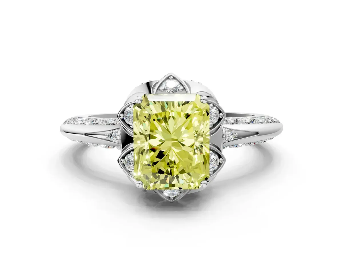 Fancy Yellow Radiant Cut Halo Split Shank Pave Diamond Ring with Petal Prong Setting Platinum
