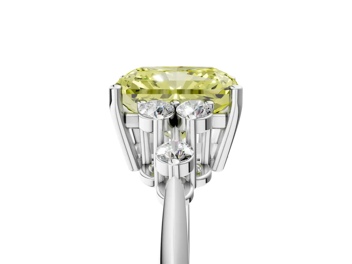 Fancy Yellow Radiant Cut Cut Diamond Cluster Ring with Solitaire Band and Four-Prong Setting Platinum