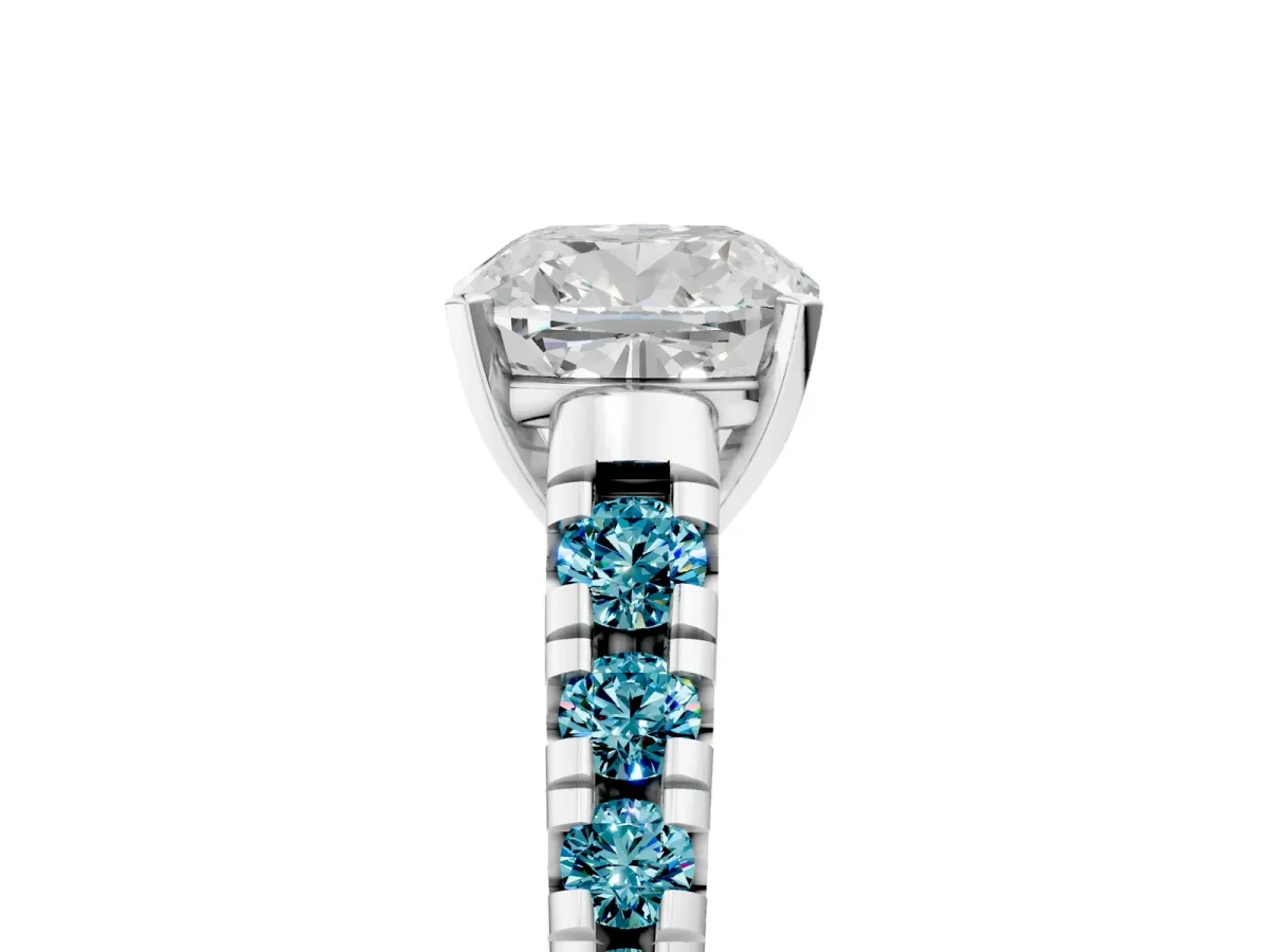 Cushion Cut Diamond Cathedral Solitaire Ring with Round Blue Topaz Pavé Band Silver