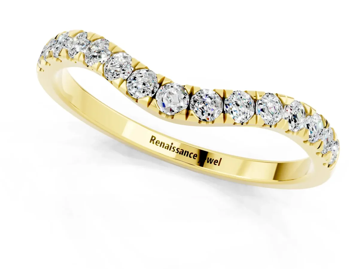 Curved Pavé Round Moissanite Wedding Band with Shared Prong Setting Yellow gold