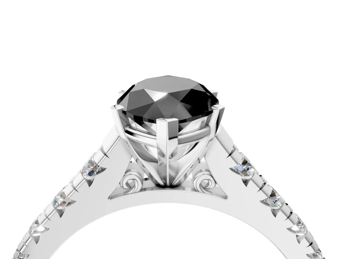 Fancy Black Marquise Cut Diamond Cathedral Solitaire Ring with Round Pavé Band Silver