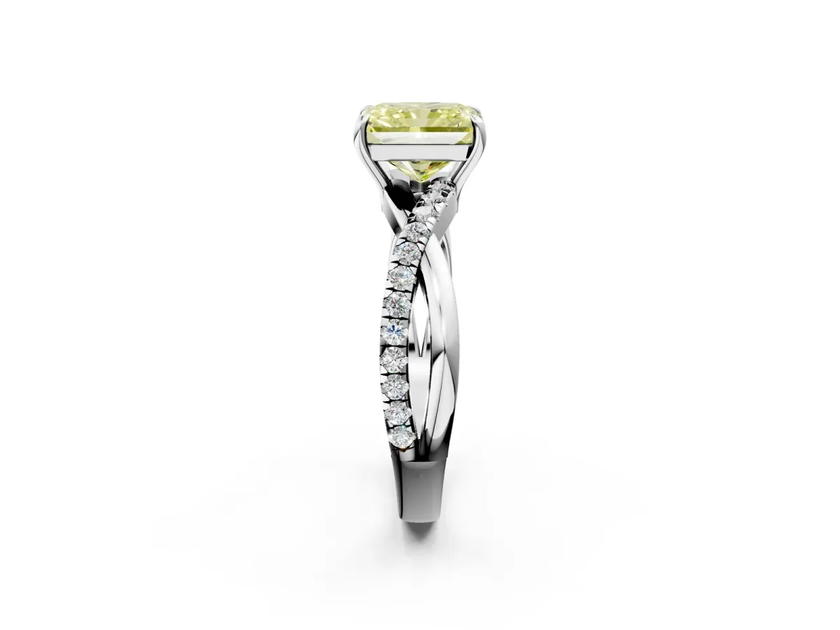 Fancy Yellow Radiant Cut Cut Diamond Twisted Band with Pavé Setting and Four-Prong Setting Platinum