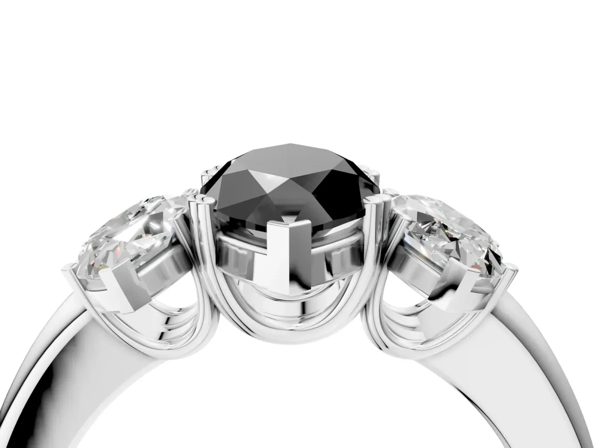 Fancy Black Three-Stone Marquise Cut Cut Diamond Ring with Channel Set Band and Four-Prong Setting Silver