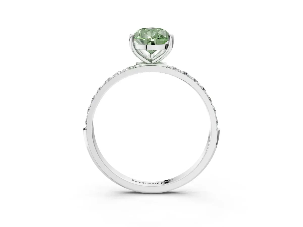 Fancy Green Pear Cut Diamond Solitaire Ring with Round Pavé Shoulders and Prong Setting White gold