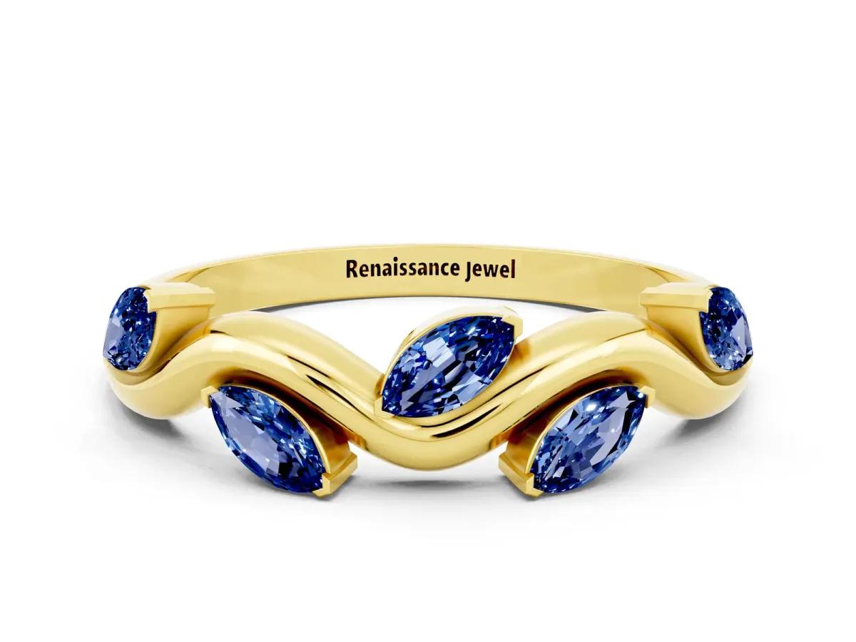 Marquise Blue Sapphire Twisted Band with Prong Setting Yellow gold
