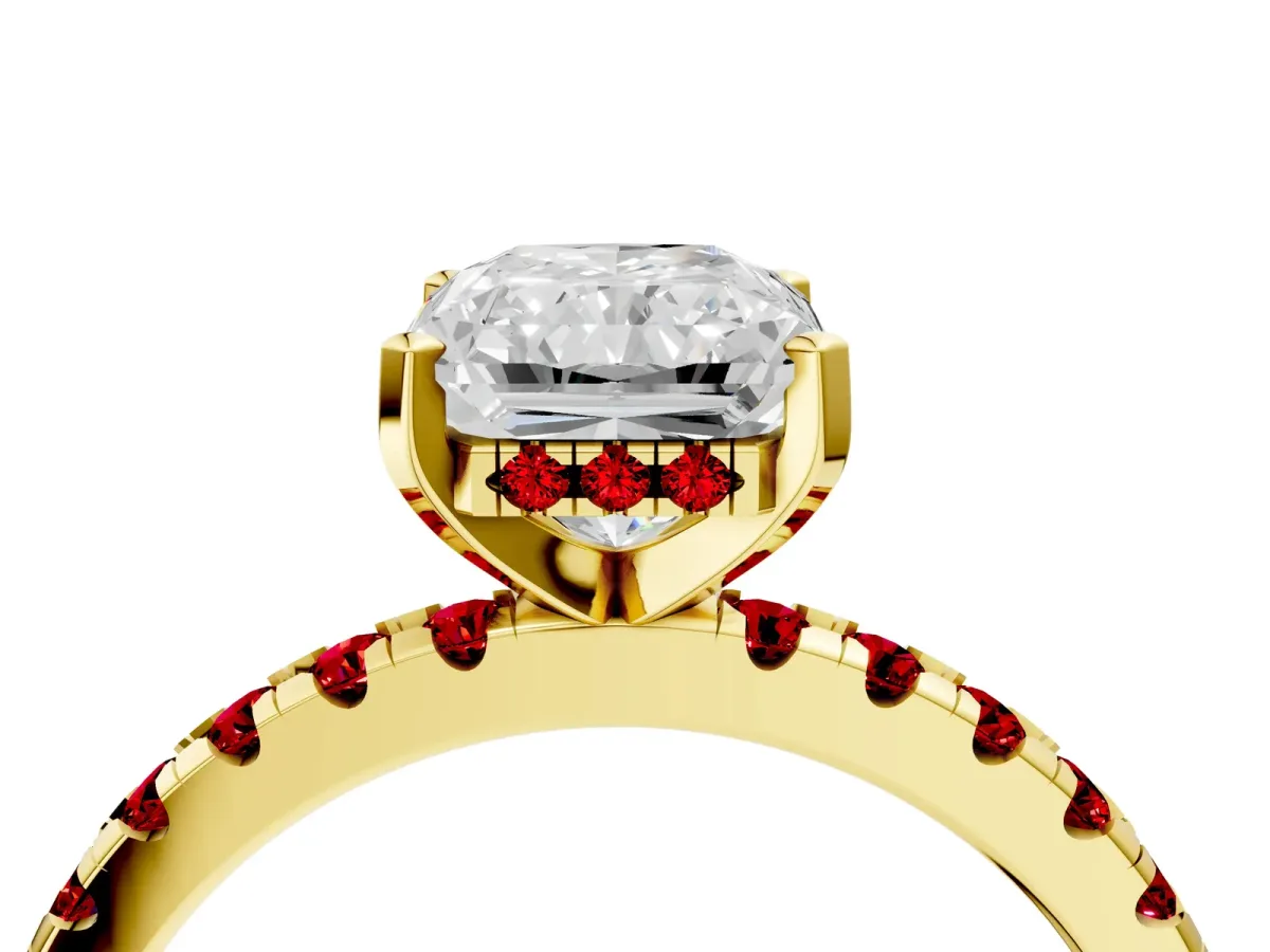 Radiant Cut Diamond Solitaire Ring with Round Ruby Pavé Band and Four-Prong Setting Yellow gold