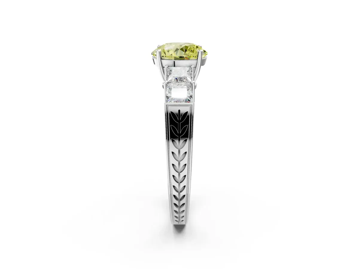 Fancy Yellow Round Cut Solitaire Princess Side Stone Engraved Band Prong Setting Ring Platinum