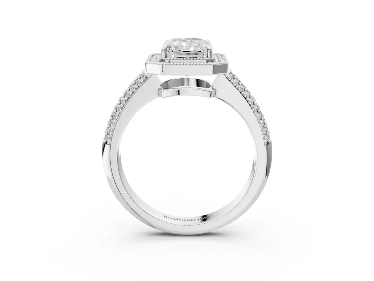 Radiant Cut Cut Halo Diamond Pave Band with Four-Prong Setting Platinum
