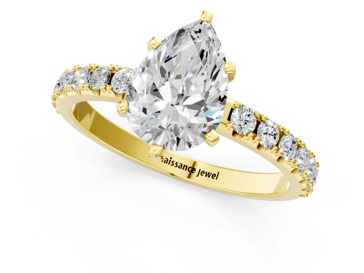 Pear Cut Diamond Solitaire Pavé Band with Four-Prong Setting Yellow gold