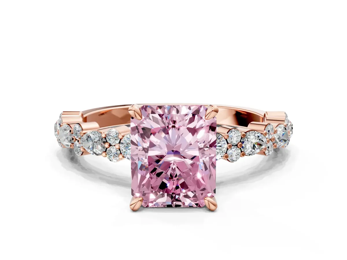 Fancy Pink Radiant Cut Diamond Side Stone Solitaire Ring with Round and Four-Prong Setting Rose gold