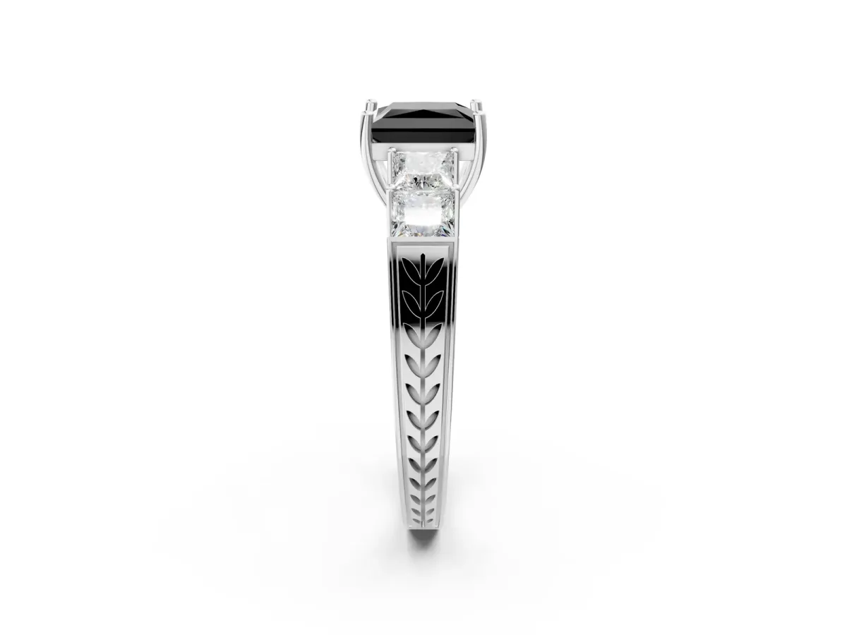 Fancy Black Princess Cut Solitaire Princess Side Stone Engraved Band Prong Setting Ring Silver