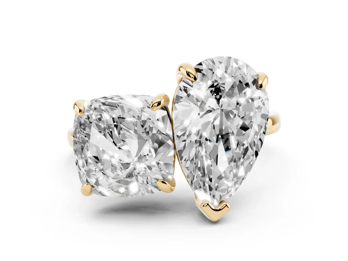 Pear and Cushion Toi Moi Ring with Prong Setting and Plain Band Yellow gold
