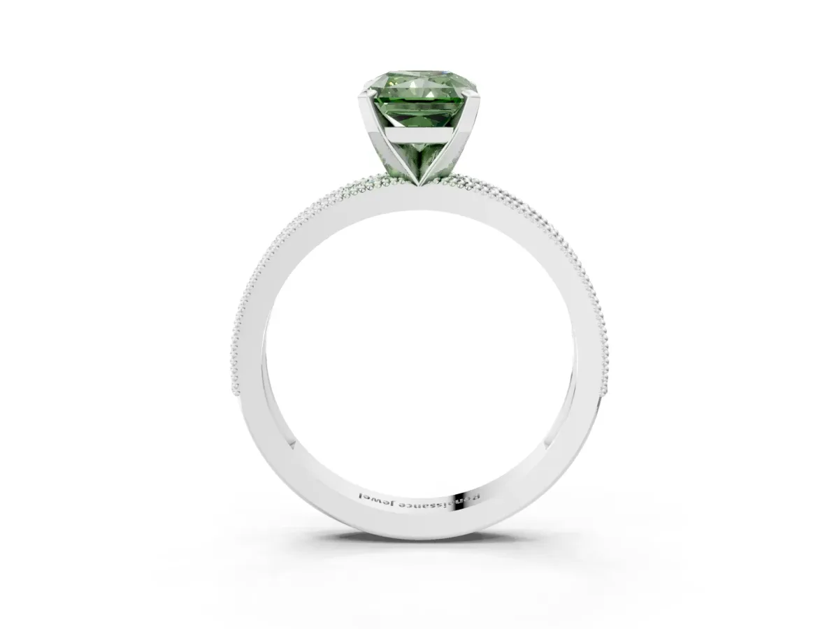 Fancy Green Radiant Cut Diamond Milgrain Pavé Engagement Ring with Four-Prong Setting Platinum