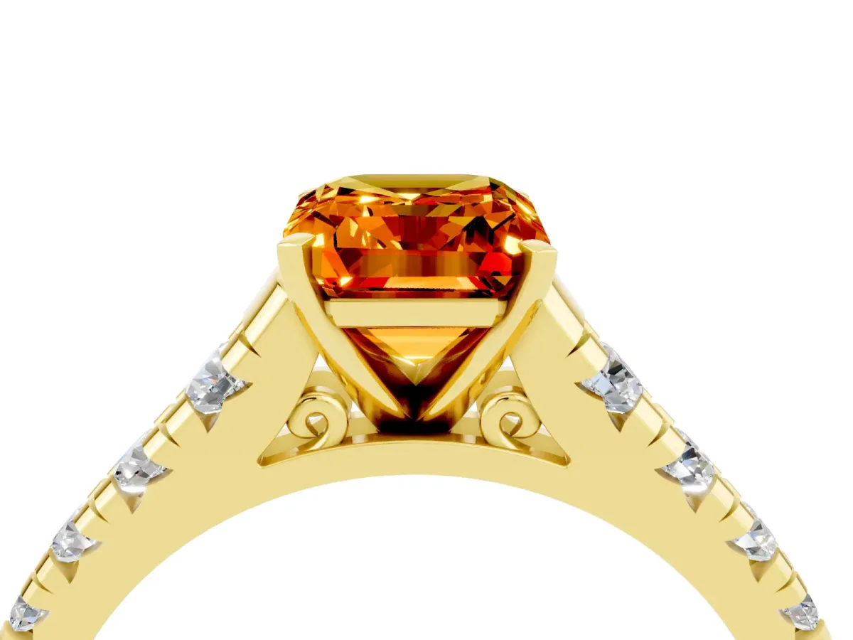 Emerald Cut Citrine Cathedral Solitaire Ring with Round Pavé Band Yellow gold
