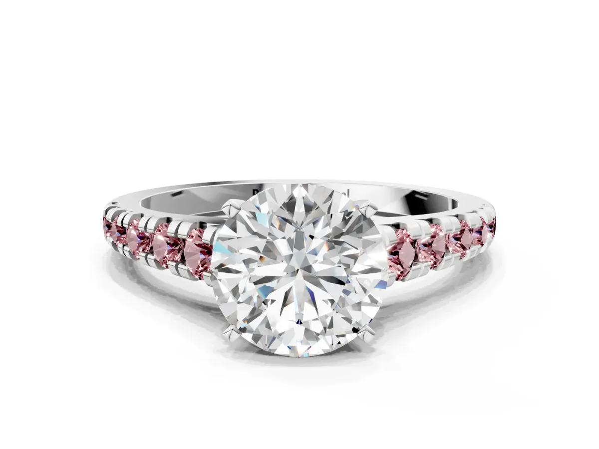 Round Cut Diamond Cathedral Solitaire Ring with Round Morganite Pavé Band Silver