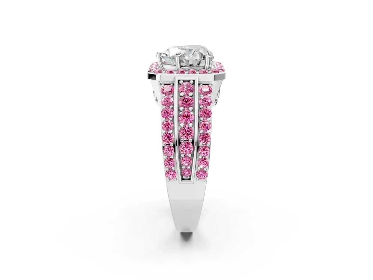 Heart Cut Halo Diamond Ring with Round Pink Sapphire Split Shank and Prong Setting Silver