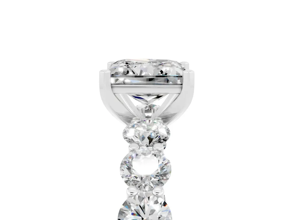 Princess Cut Moissanite Prong Setting with Side Stones on a Pave Band Silver