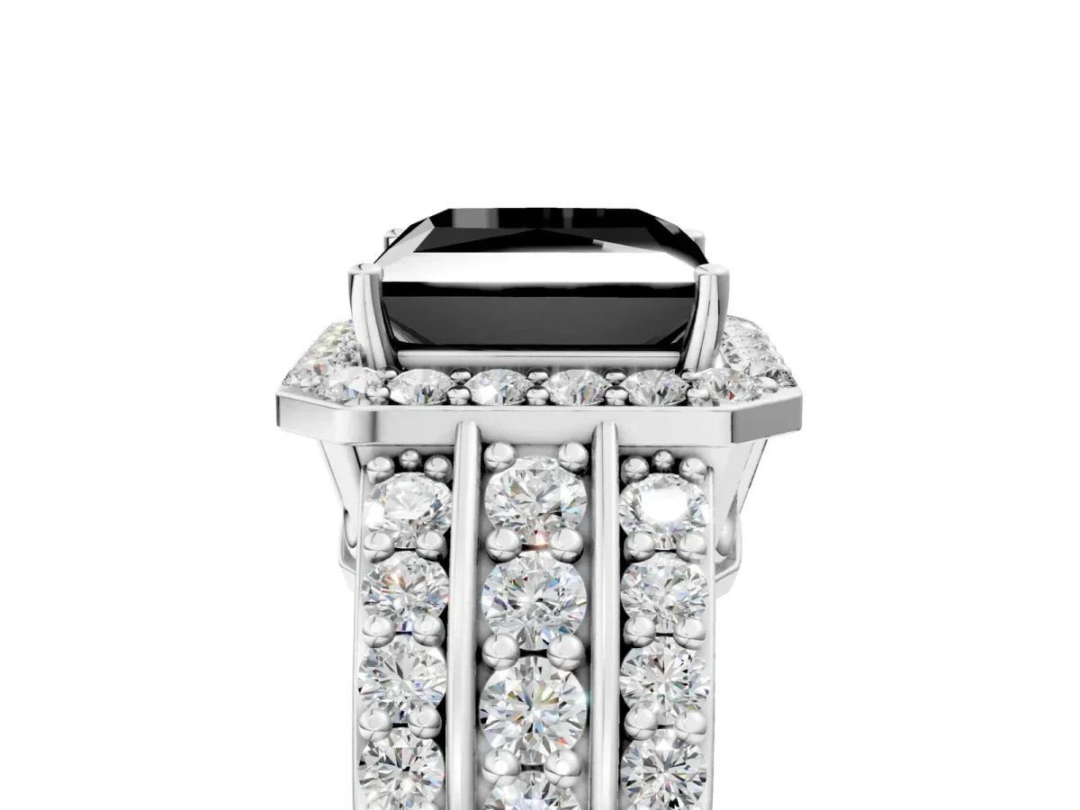 Fancy Black Princess Cut Halo Diamond Ring with Round Split Shank and Prong Setting Silver