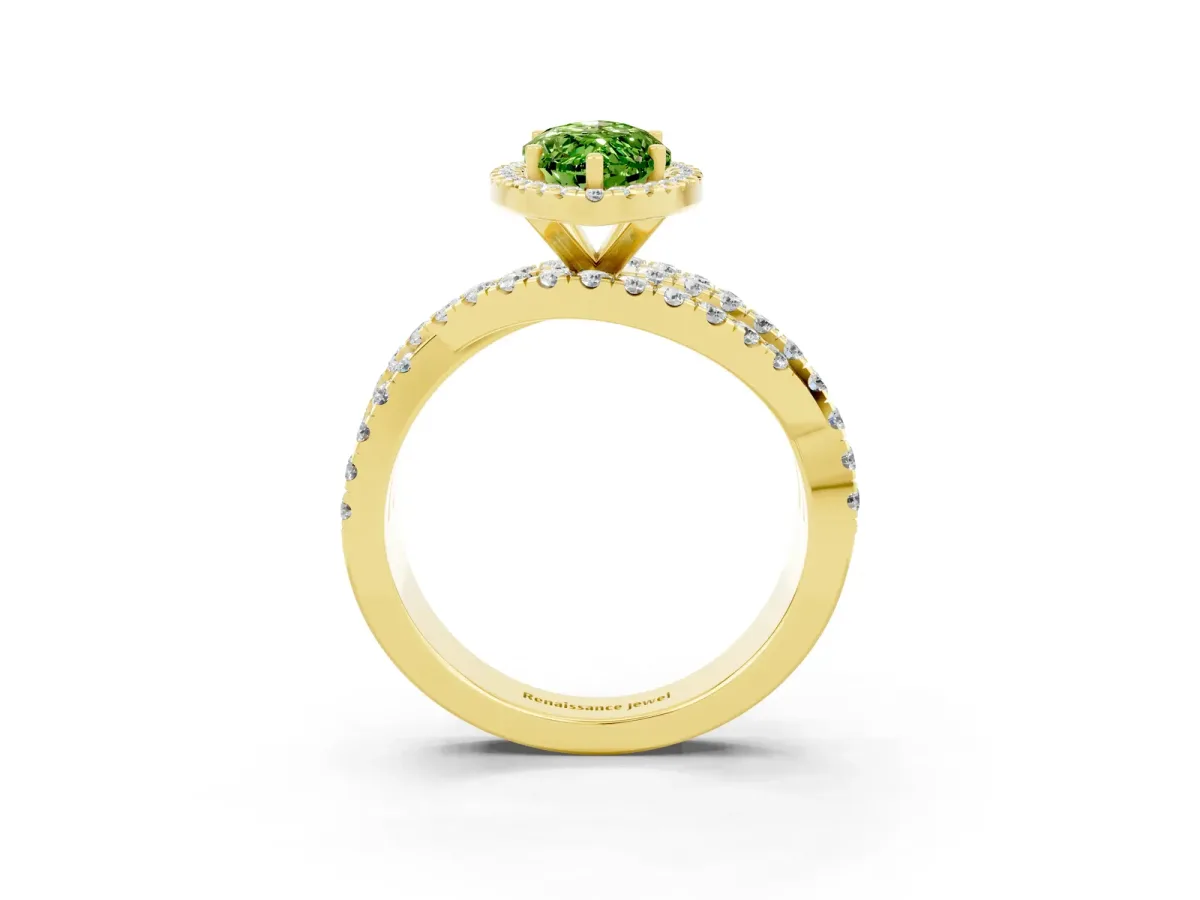 Marquise Cut Peridot Halo Ring with Round Split Shank and Prong Setting Yellow gold