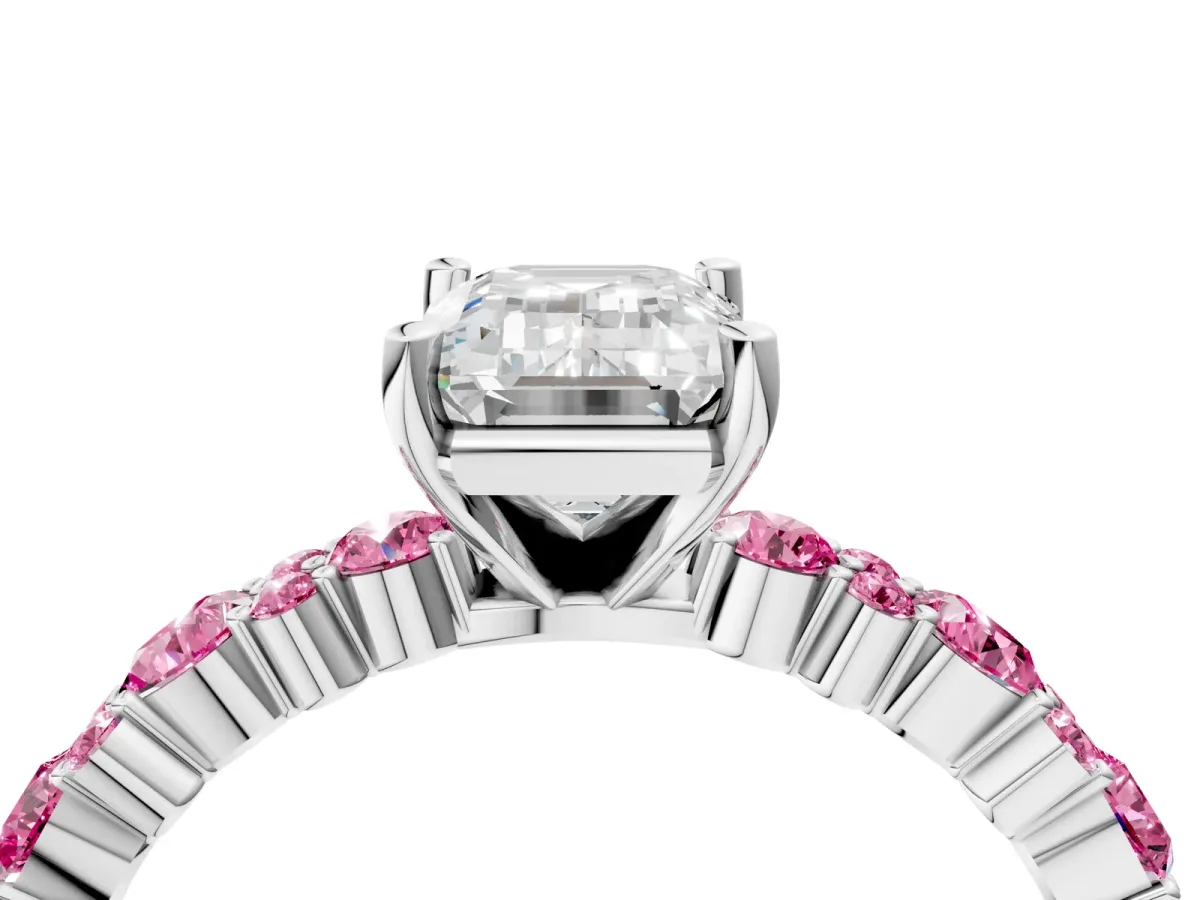 Emerald Cut Diamond Side Stone Solitaire Ring with Round Pink Sapphire and Four-Prong Setting Platinum