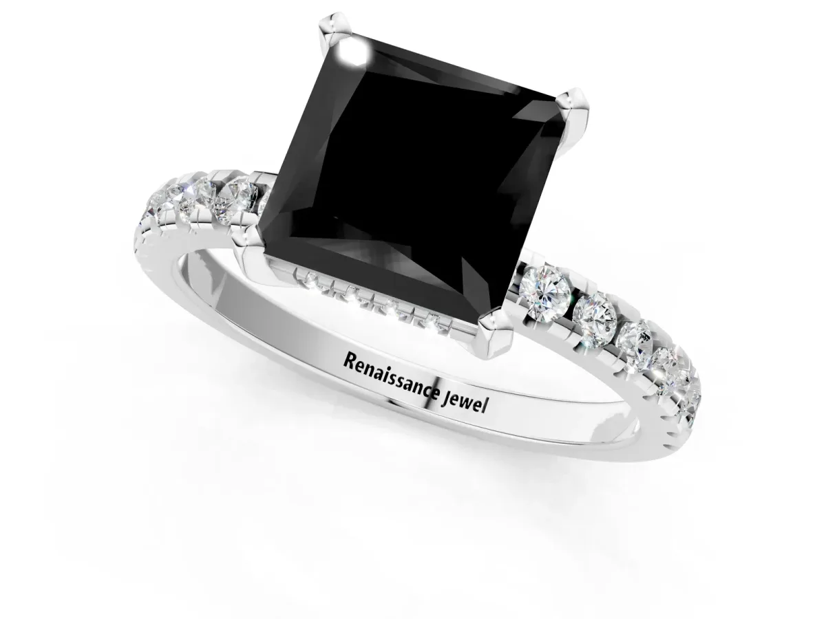 Fancy Black Princess Cut Diamond Solitaire Ring with Round Pavé Band and Four-Prong Setting Silver