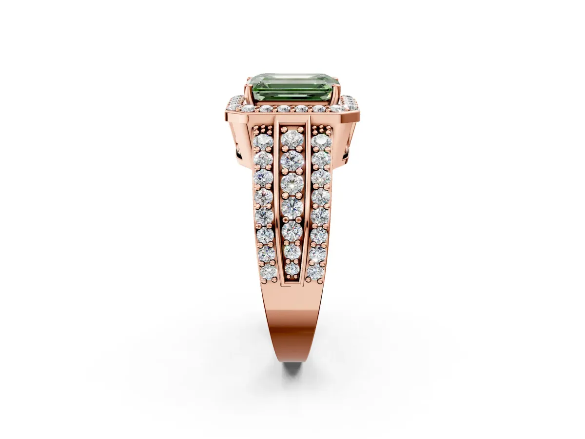 Fancy Green Emerald Cut Halo Diamond Ring with Round Split Shank and Prong Setting Rose gold