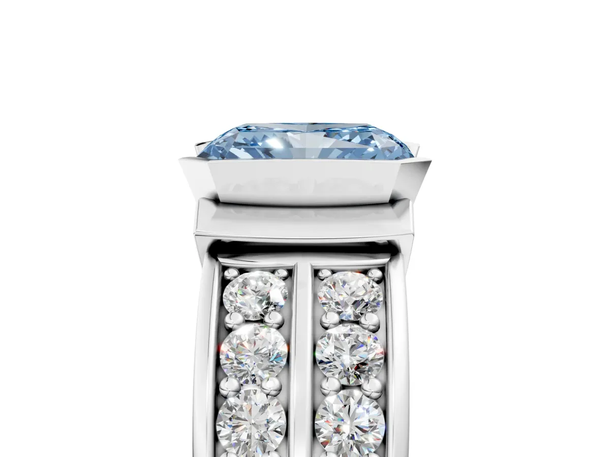 Fancy Blue Radiant Cut Brilliant Diamond Channel Set Wide Band Ring with Bezel Setting Platinum