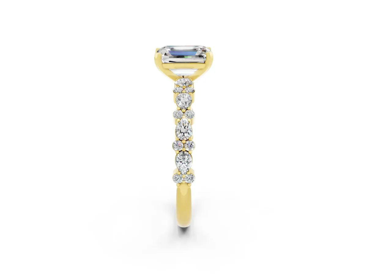 Emerald Cut Moissanite Side Stone Solitaire Ring with Round and Four-Prong Setting Yellow gold