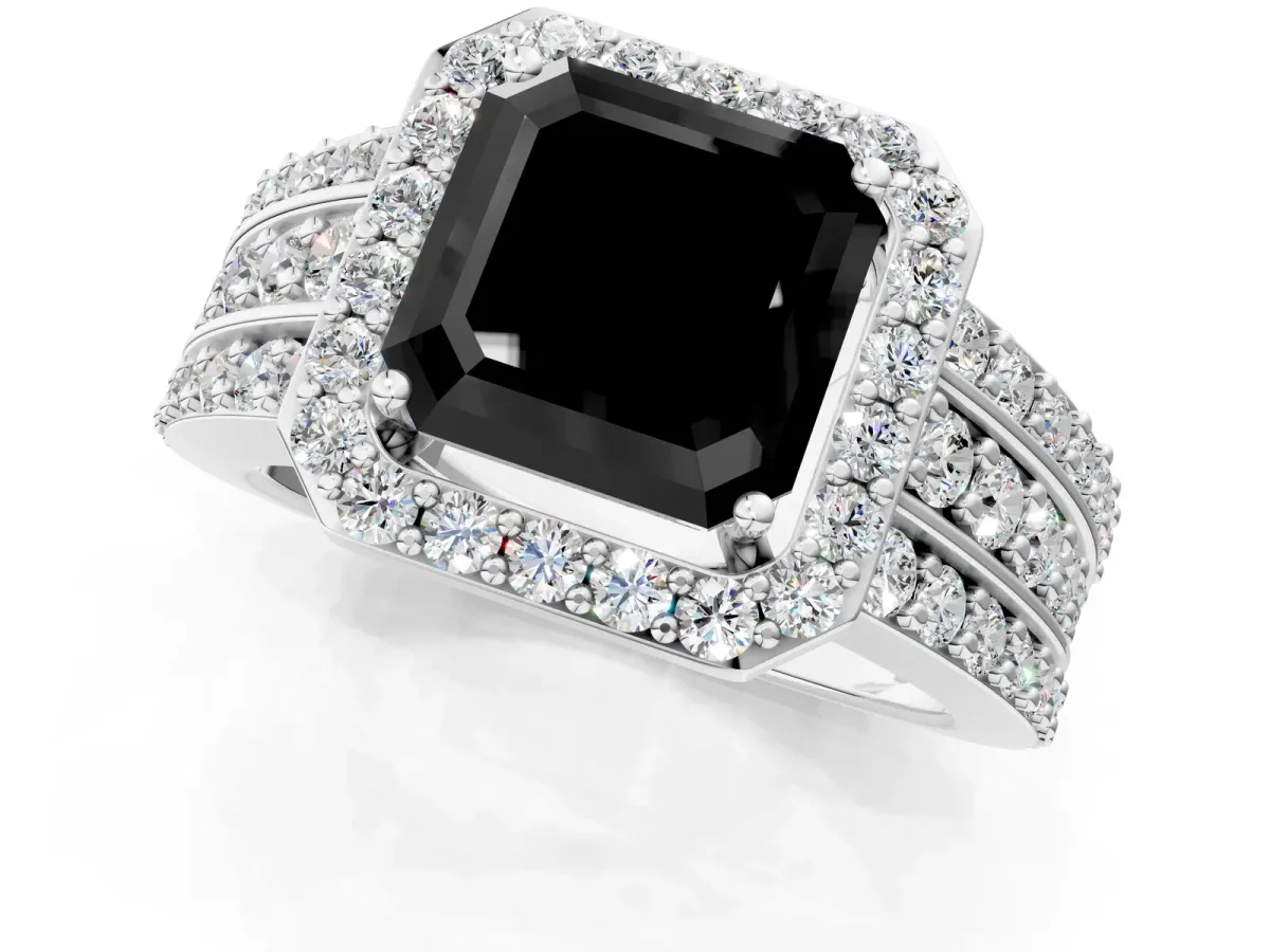 Fancy Black Asscher Cut Halo Diamond Ring with Round Split Shank and Prong Setting Platinum
