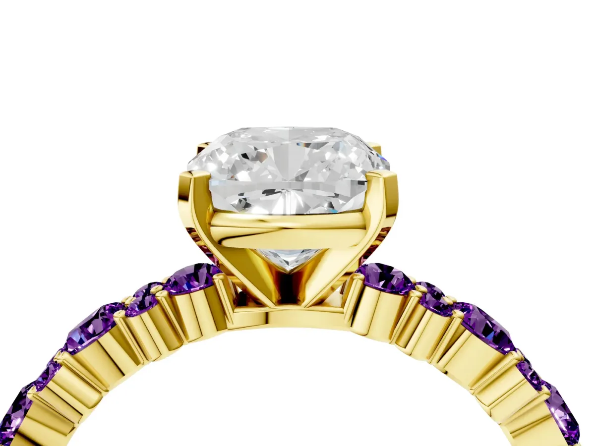Cushion Cut Diamond Side Stone Solitaire Ring with Round Amethyst and Four-Prong Setting Yellow gold