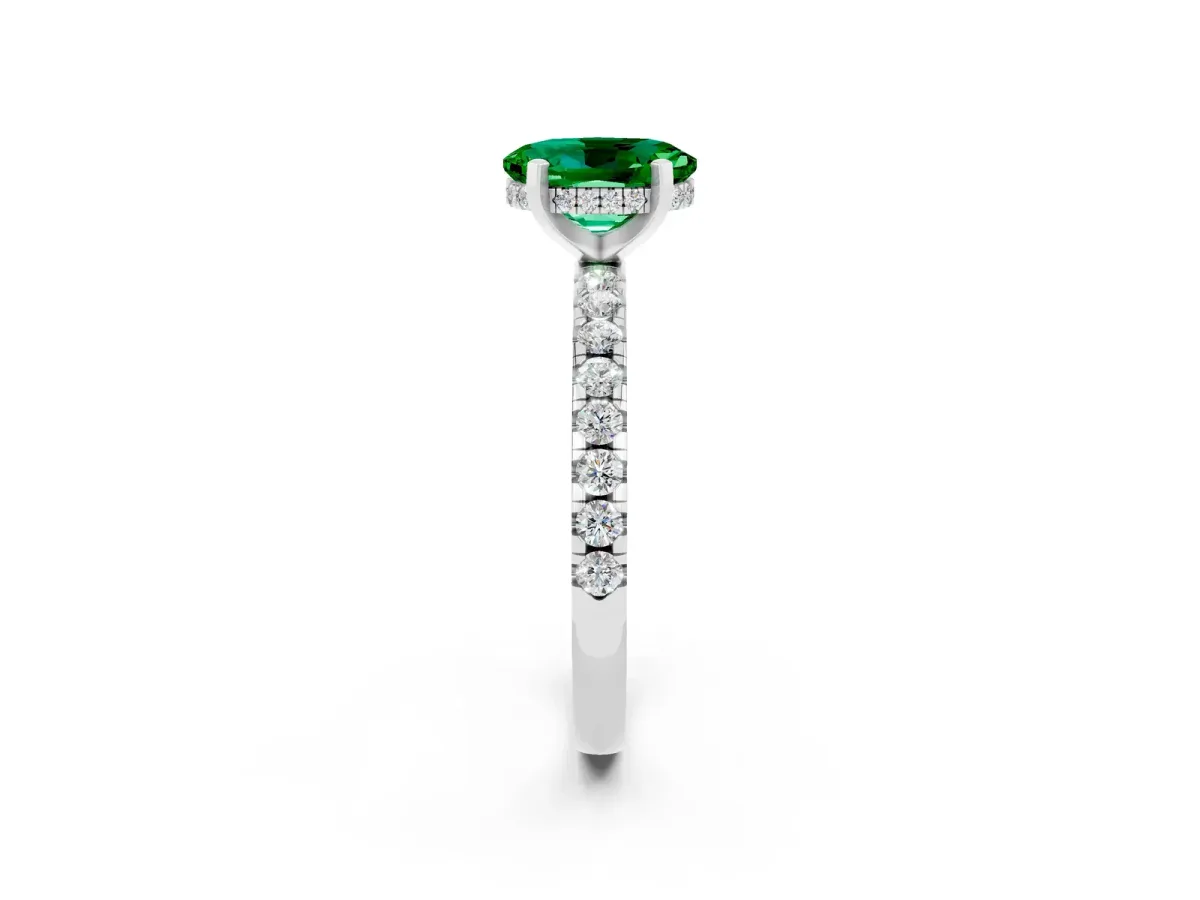 Oval Cut Emerald Solitaire Ring with Round Pavé Band and Four-Prong Setting Platinum