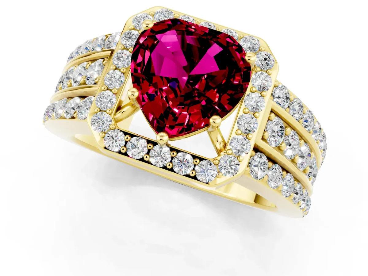 Heart Cut Halo Garnet Ring with Round Split Shank and Prong Setting Yellow gold
