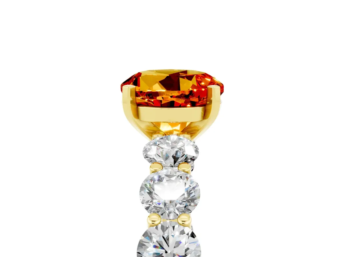 Round Cut Citrine Prong Setting with Side Stones on a Pave Band Yellow gold