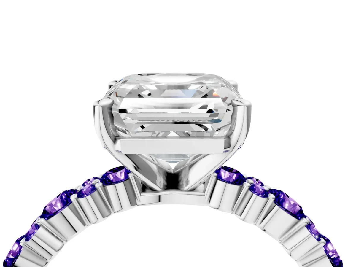 Asscher Cut Diamond Side Stone Solitaire Ring with Round Tanzanite and Four-Prong Setting Platinum
