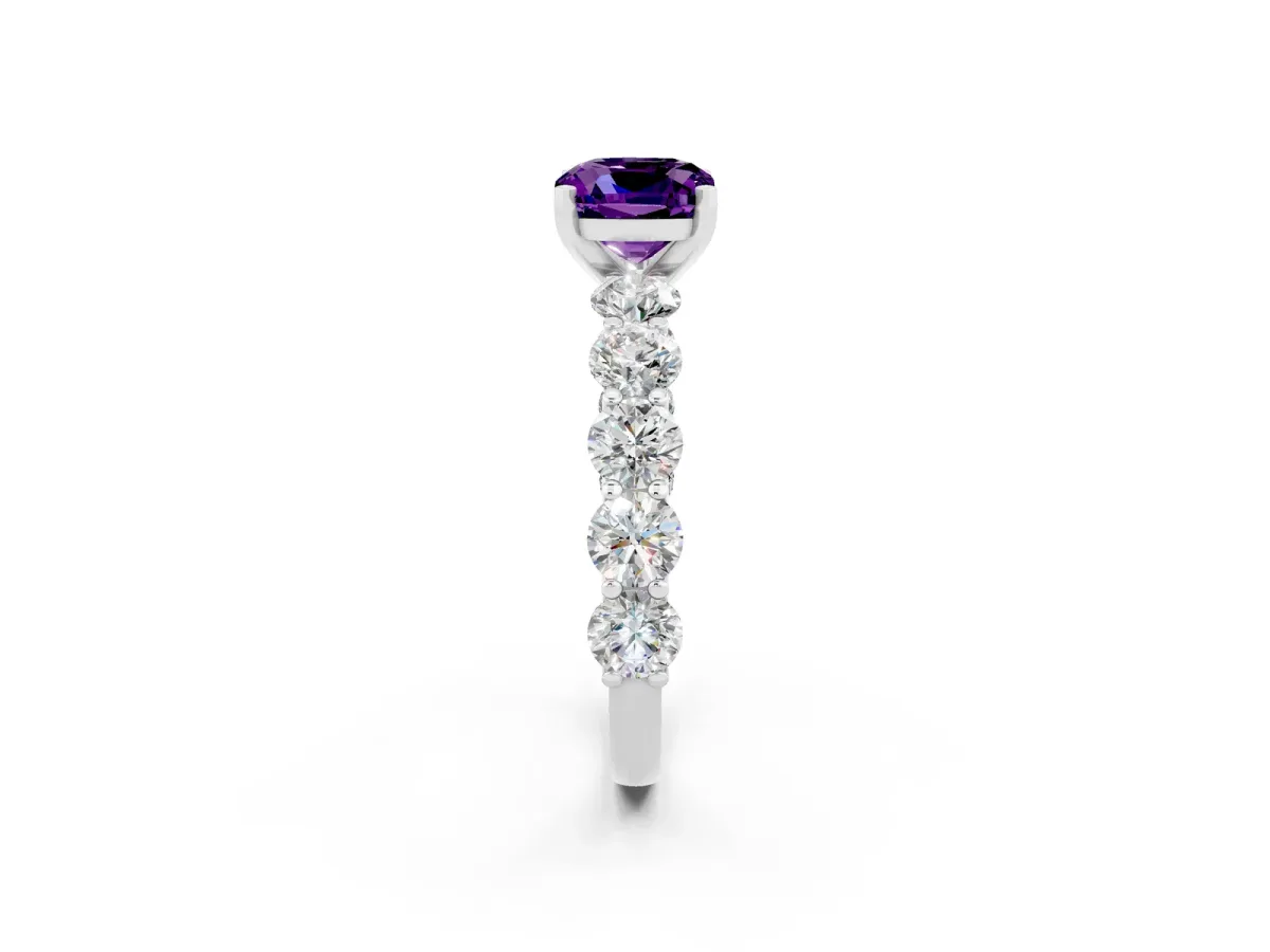 Cushion Cut Amethyst Prong Setting with Side Stones on a Pave Band Platinum