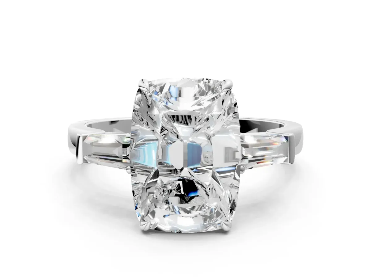 Old Mine Elongated Cushion Diamond with Side Tapered Baguette Three Stone Ring Silver