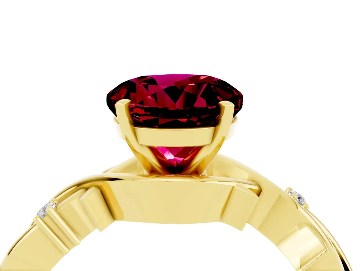 Round Cut Garnet Solitaire Ring with Twisted Band and Prong Setting Yellow gold