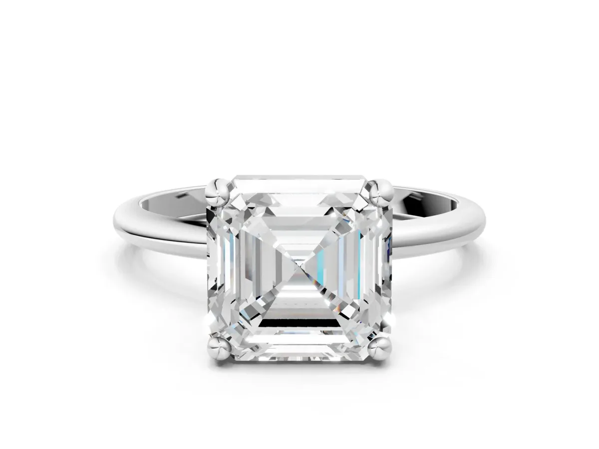 Asscher Cut Solitaire Diamond Ring with 4-Prong Setting on a Classic Band White gold