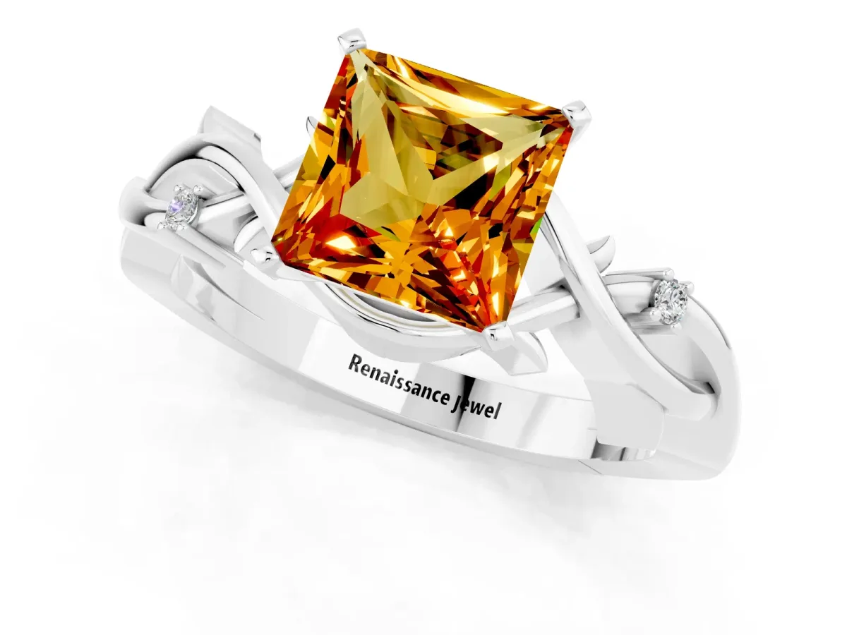 Princess Cut Citrine Solitaire Ring with Twisted Band and Prong Setting Platinum