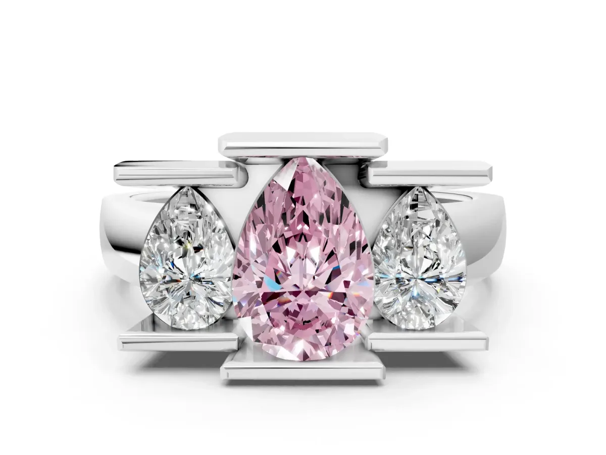 Fancy Pink Three Stone Pear Cut Cut Channel Set Diamond Ring Silver