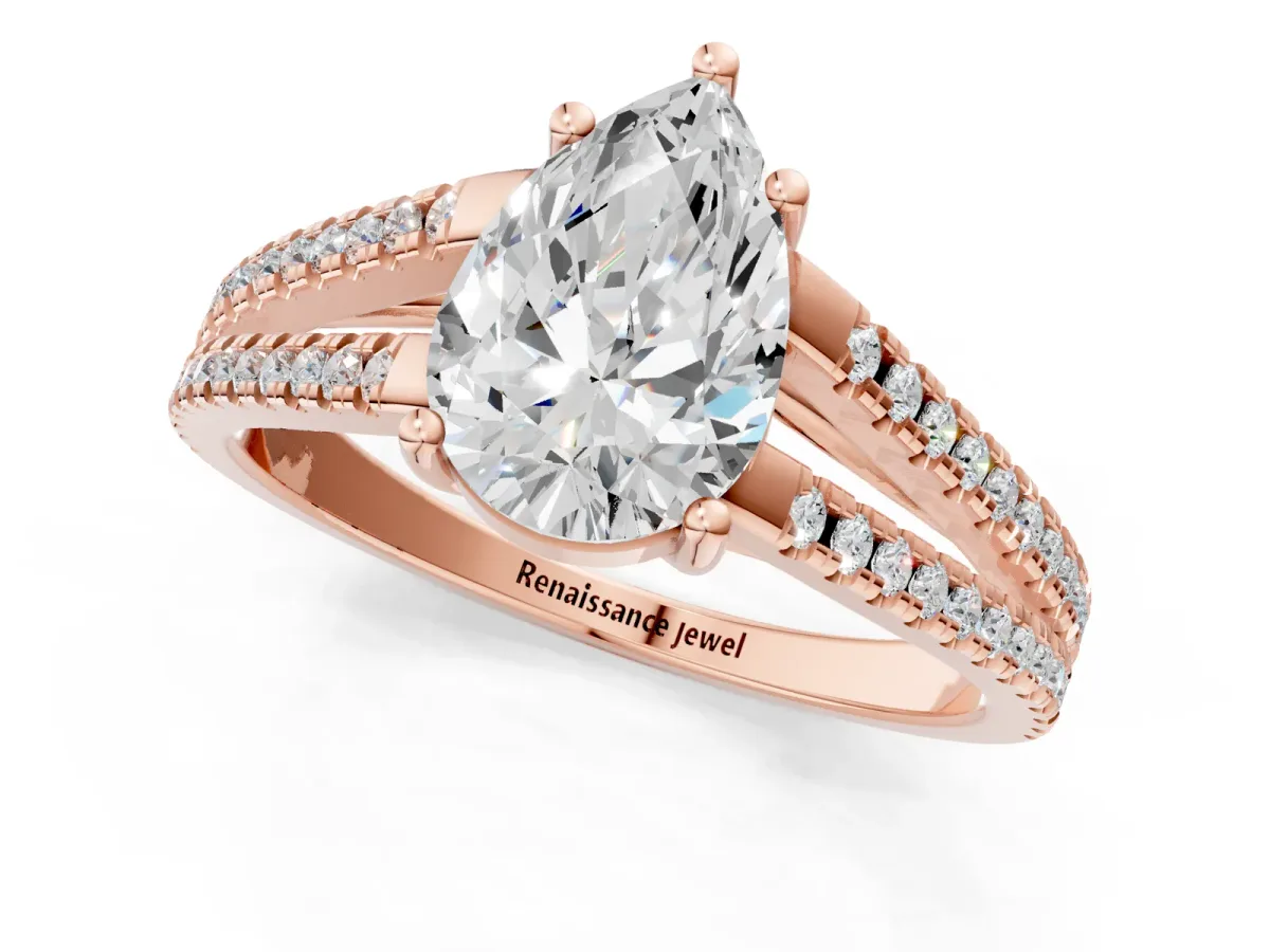 Pear Cut Diamond Solitaire Engagement Ring with Split Shank Pavé Band Rose gold