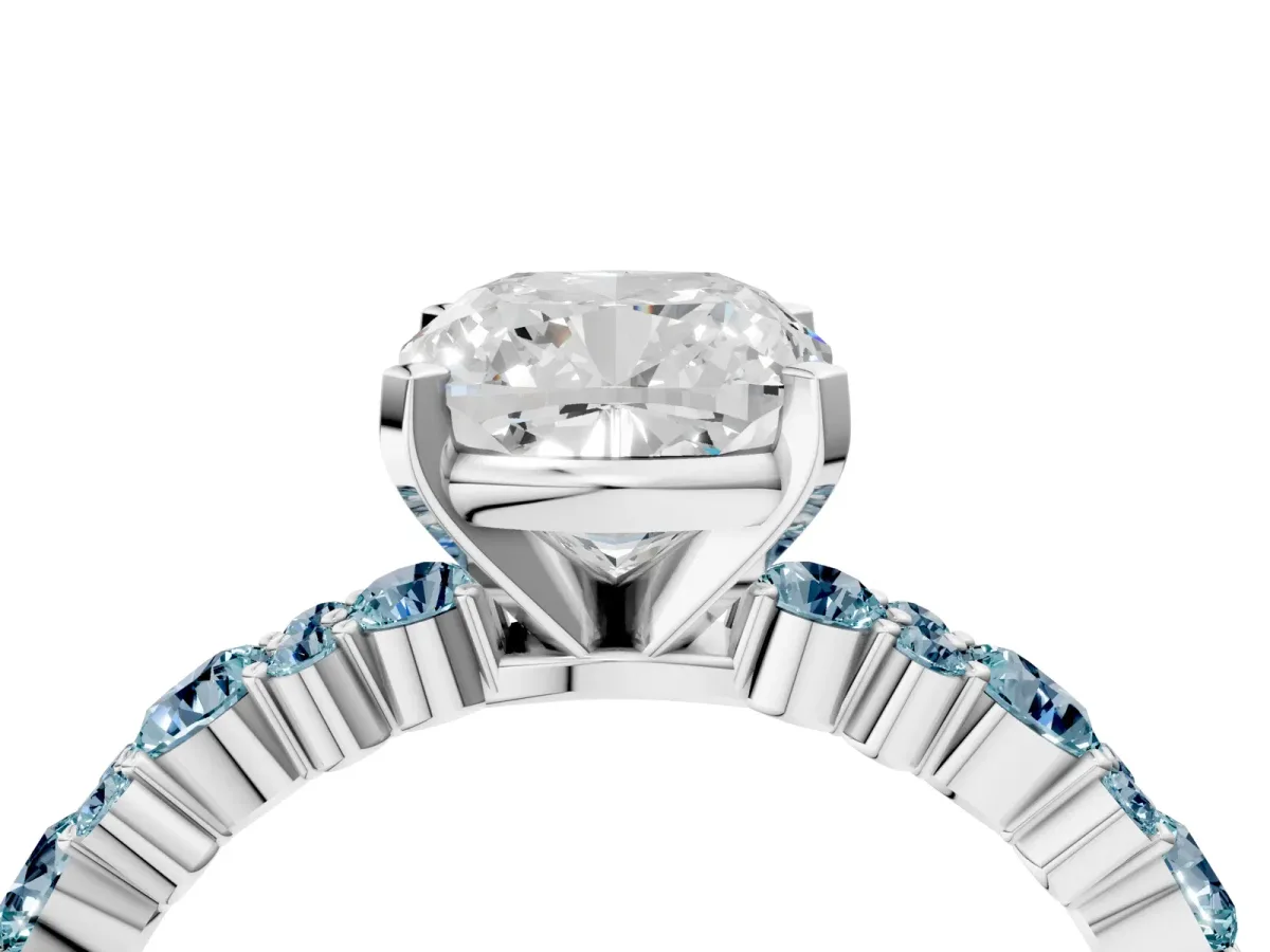 Cushion Cut Diamond Side Stone Solitaire Ring with Round Aquamarine and Four-Prong Setting Platinum