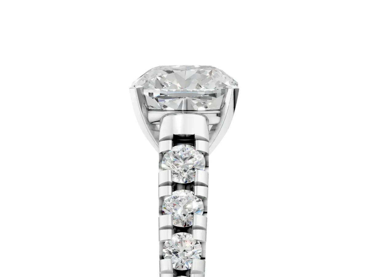 Cushion Cut Diamond Cathedral Solitaire Ring with Round Moissanite Pavé Band Silver