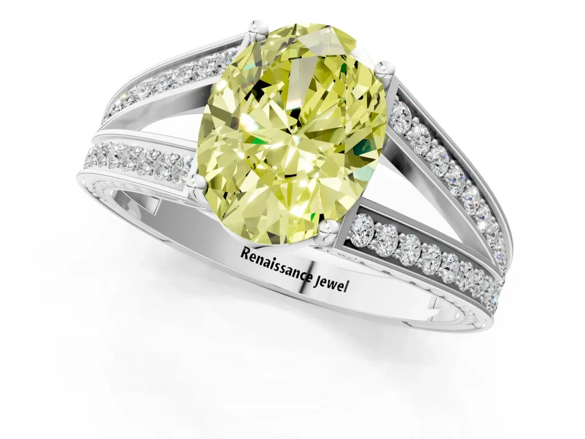 Fancy Yellow Oval Cut Diamond Split Shank Ring with Pavé Band and Four-Prong Setting White gold