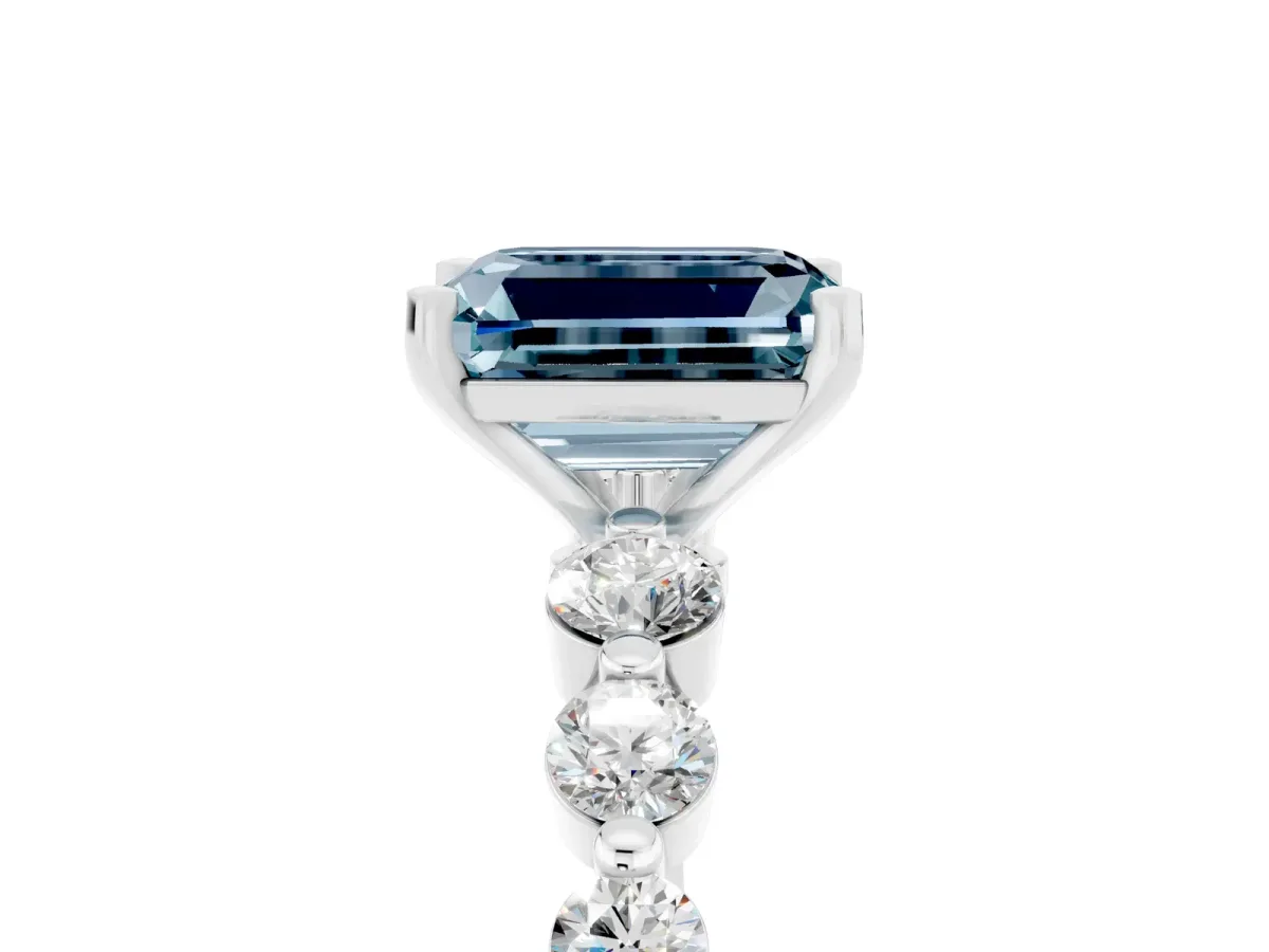 Emerald Cut Solitaire Aquamarine Ring with Pave Band and Four-Prong Setting Silver