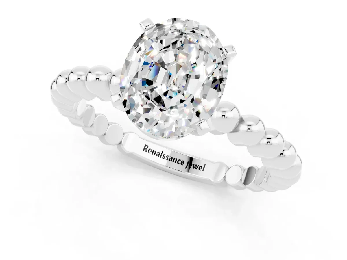 Oval Cut Moissanite Solitaire Ring with Beaded Band and Prong Setting Silver
