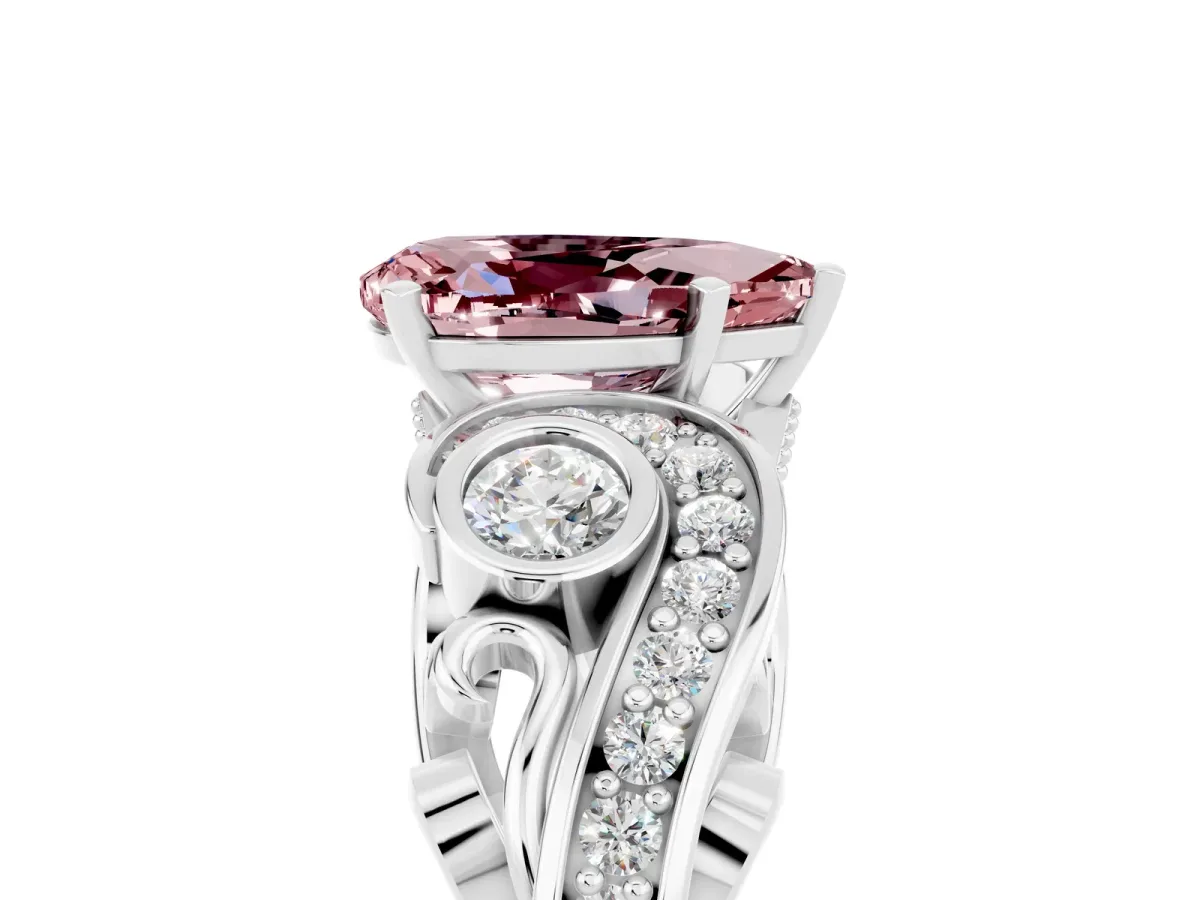 Pear Cut Morganite Solitaire Ring with Milgrain Pavé Band and Four-Prong Setting Silver