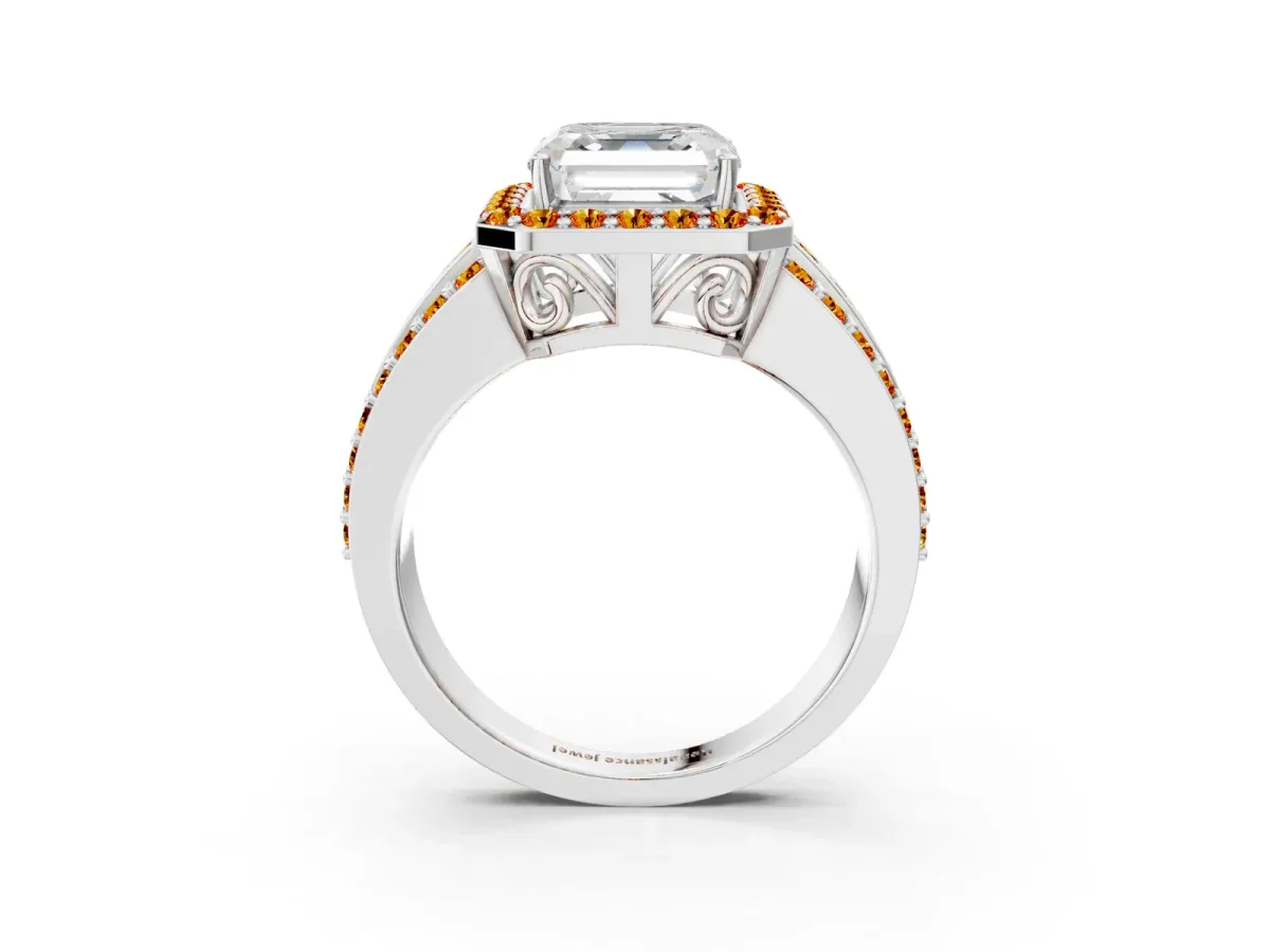 Asscher Cut Halo Diamond Ring with Round Citrine Split Shank and Prong Setting Silver